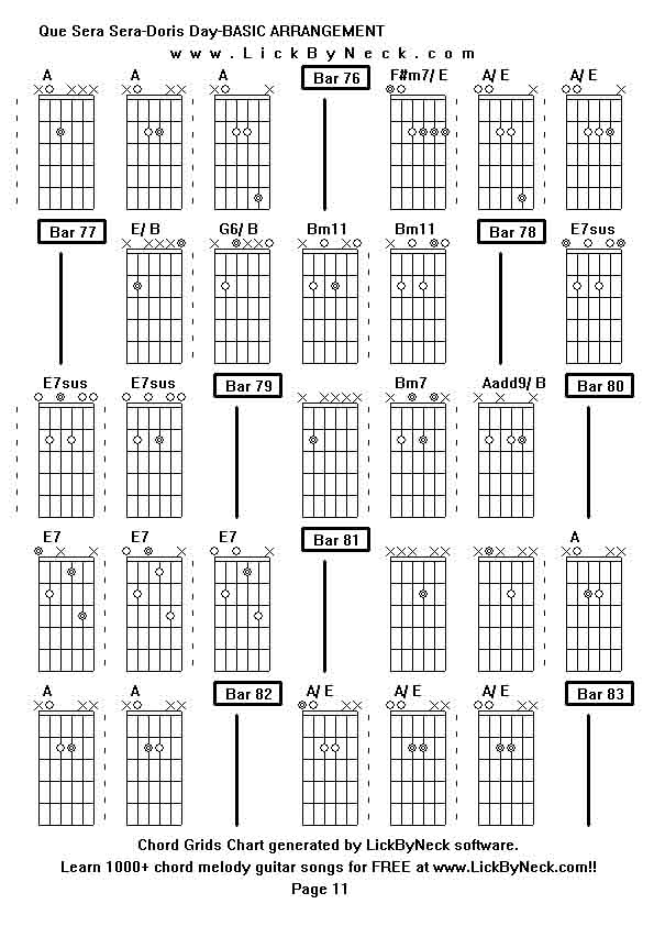 Chord Grids Chart of chord melody fingerstyle guitar song-Que Sera Sera-Doris Day-BASIC ARRANGEMENT,generated by LickByNeck software.